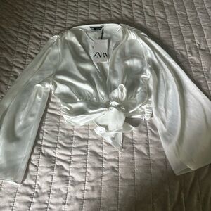 Zara Ivory Satin Tie Blouse